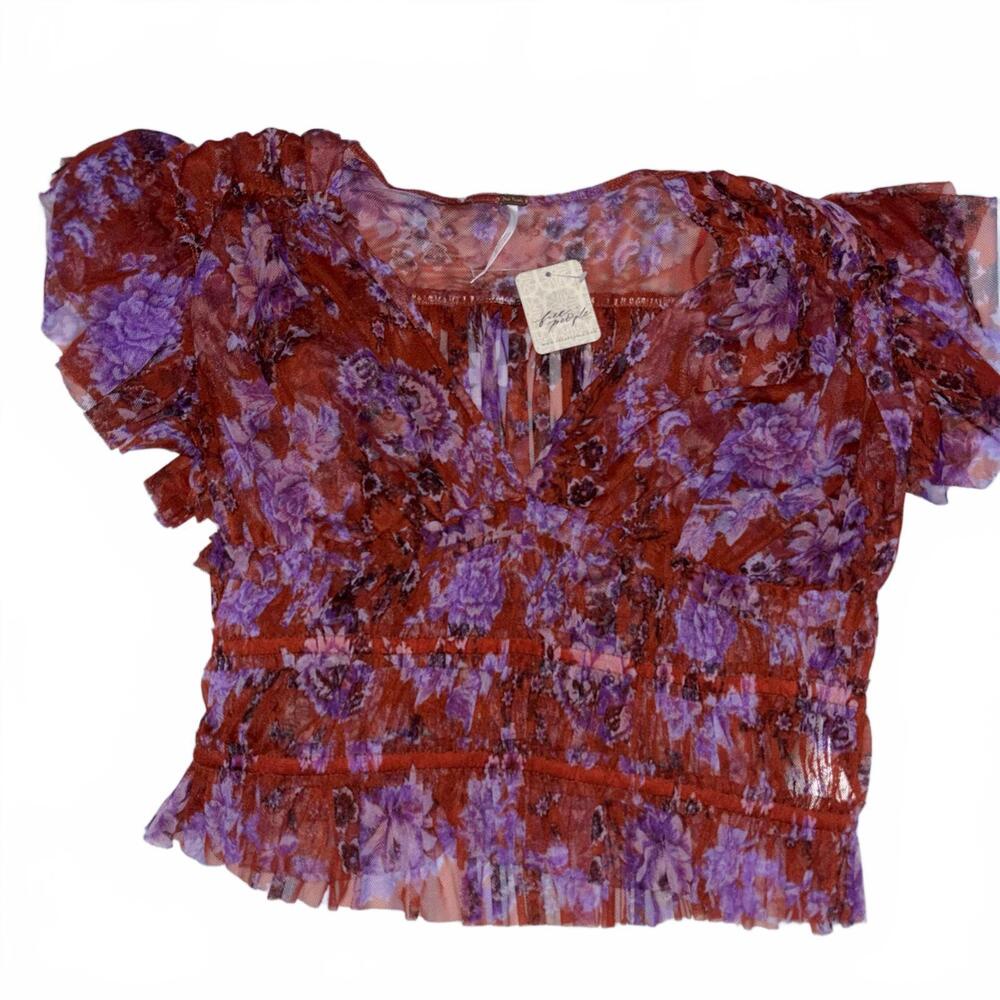 Free people floral sheer ruffle crop top
